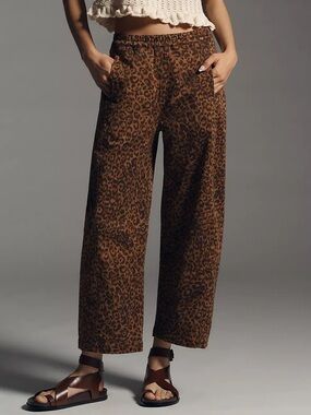 Anthro Pilcro The Izzie Relaxed Pull-On Barrel Pants Brown Animal Print 1X